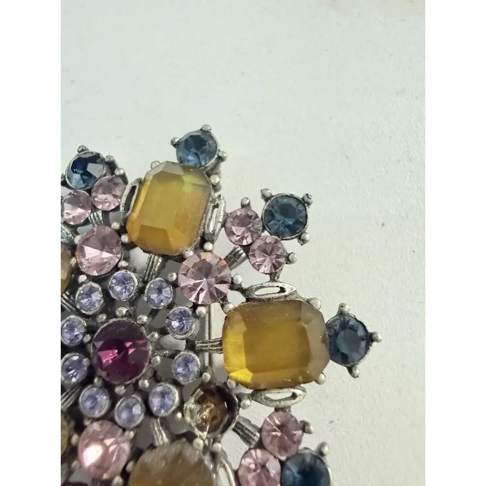 Vintage Snowflake Rhinestone Brooch Multicolor Pink Blue Yellow Missing Stone